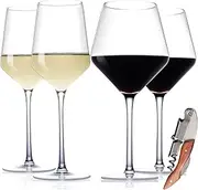 [Physkoa] Red and White Wine Glasses Set of 4 with Corkscrew, (23oz,14oz) Hand Blown Crystal Glasses - Large Burgundy Glasses- Ideal Wine Glass Gift Set for All Occasions