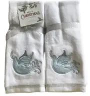 Christmas Fingertip Towels Set of 2 Peace Dove Embroidered Blue Guest Bathroom
