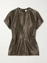 [Loulou de Saison] Loulou de Saison - Pero Draped Linen And Silk-blend Satin Blouse - Taupe - small small Brown