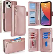 SunYoo for iPhone 14 13 Case Leather Wallet with Card Holders Money Slots Wrist Strap for Women Men RFID Blocking Purse for iPhone14 iPhone13 Zipper Coin Pocket Cover Kickstand Folio Flip Case Pink