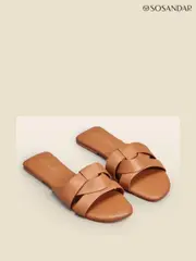 Sosandar Brown Cross Strap Flat Leather Mule Sandals (N56759) | $90