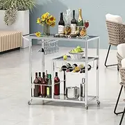 Silver 3-Tier Bar Cart with Glass Wine Holders, Modern Elegant Metal Frame, 15.75”D x 36.6”W x 34.65”H, Kitchen Serving Cart for Home, Party, Dining Room