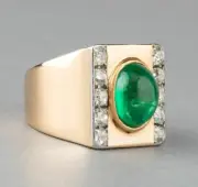 2:00 Carat Cabochon Emerald Set with Diamonds In 10k Yellow Gold Ring For Men