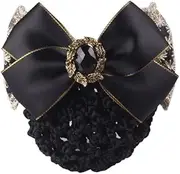 1PCS Lace Ribbon Bowknot Rhinestone Snood Net Elastic Hair Clip Barrette Bun Cover Black