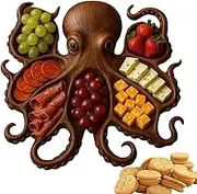 Octopus Charcuterie Platter | 28X28cm Octopus Shaped Charcuterie Board | 7-Compartment Reusable Wooden Serving Platter |Oc-ean Themed Part-y Snack Tray, Gift For Seafood, Snack Lovers And Entertainers