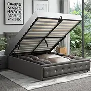 Oikiture Queen Bed Frame with Storage Space Gas Lift Bed Mattress Base Grey