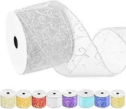 Swpeet 2-1/2 Inch × 10 Yard Silver Swirl Glitter Wired Ribbon, Organza Sheer Ribbon with Gold Metallic Edge, Glitter Swirls Wired Ribbon, Christmas Wired Ribbon for Tree Decoration Gifts Craft