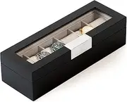 CASE ELEGANCE Modern 6-Slot Wooden Watch Box With Metal Clip, Real Glass Lid - Sleek Black Organizer for Collection | Display Case | Men's Holder With Glass Top