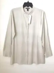 Eileen Fisher Mandarin Collar Silk Boxy Shirt Long Sleeve Bone SZ XXS New $258