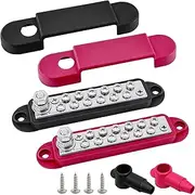 1/4" Stud & 12 x #8 Terminal Screws Power/Ground Distribution Block Bus Bar, Ampper 5.3" 12V Nickle Plated Brass Battery BusBar Junction W/Cover for Auto Boat Solar and More (Red & Black)