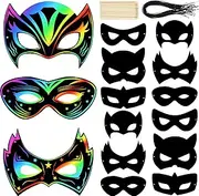 Scratch Paper Mask Rainbow Hero DIY Kids Masks Craft Kit with Elastic Ties Sticks for Birthday Dress Up Party Favor