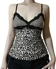 [Best Rose] Leopard Spaghetti Strap Top Lace Trim Bodycon Sleeveless V Neck Backless Striped Sexy Party Clubwear Top