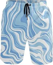 [GuoChe] Mens Swim Trunks Blue Aqua Waves Quick Dry Bathing Suits Sports Running Swim Board Shorts Pants with Mesh Lining