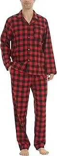 [LNFINTDO] Men's Long Two-Piece Flannel Cotton Winter Checked Pyjamas Ultra Soft Long Sleeve Top Soft Pyjama Bottoms with Pocket Men's Pyjama Set