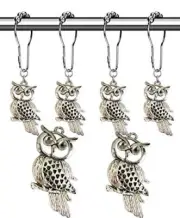 Country Shower Curtain Hooks - Rust Proof Brushed Nickel Rings with Owl