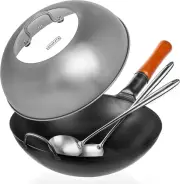 Carbon Steel Wok Pan – 13,5 “ with Lid - Woks and Stir Fry Pans with Stainless S