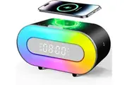 Bluetooth Speaker with Wireless Charger 15W, Adjustable Ambient Beside Lamp, Dual Wireless Speaker and LED Night Light, 4000mAh Battery, Bluetooth Clock for Bedroom, Gifts for Adults or Teens