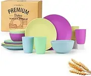 Homienly Kitchen Wheat Straw Dinnerware Set Unbreakable Dishes Set Service for 4 Dinner Plates Dessert Plates Drinking Glasses Cereal Bowls Dishwasher & Microwave Safe for Kitchen 16 PCS - Memphis
