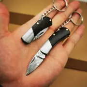 Mini Keychain Folding Damascus Blade Knife Wooden Handle Outdoor Camping EDC