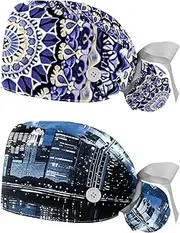 [YTYVAGT] 2-Pc,Nurse Scrub Caps,Scrub Hats with Buttons and Cotton Sweatband,Classic Ethnic Style Mandala