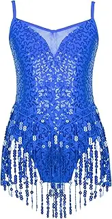 [inhzoy] Kids Girls Sequins Tassel Tango Latin Dance Dress Sparkle Samba Rumba Jazz Belly Dance Leotard Dress