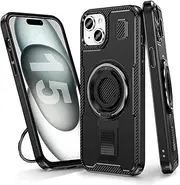 Tuvror for iPhone 15 Case, with 360° Rotatable Stand and Ring, Breathable, Shockproof Drop Proof, Military-Grade Protection Case for iPhone 15 (6.1 inch), Black