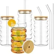Bubble Drinking Water Glasses, Iced Coffee Glass Tumbler with Straw and Lid 500ML Bubble Drinking Wave Cups Wide Opening Water Glassware Set Ribbed Glassware with Straw Brush