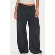 Plus Slate Grey Woven Pleated Belt Detail Wide Leg Pants, Slate Grey