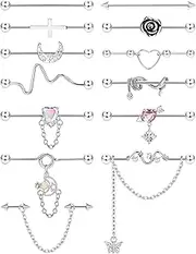 [Kakonia] 13PCS Industrial Piercing Jewelry - Surgical Steel 14G Earrings Barbell With Chain Snake Moon Cartilage Helix Bar Jewelry for Women Men