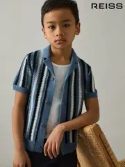 Reiss Airforce Blue Carrington 9-13 yrs Cotton Crochet Stripe Cuban Shirt (AT5438) | $90