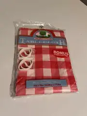 Red Checkered 52"x70" Plastic Tablecloth Picnic BBQ + 4 Table Clips NEW SEALED!