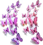 24 Pack 3D Nursery Wall Stickers【Double Wings】 T Tersely Butterfly Wall Removable Sticker Decals, Home Decoration Wall Stickers for Wall Decor Home Decor Wall Art Kids Room Bedroom (Purple+Pink)