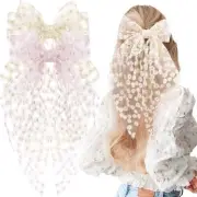2PCS Hair Bows for Women Girls, Pink Beige Big Lace Tulle Bows for Pink+Beige