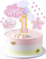 Kawailay Baby Girl 1st Birthday Cake Decoration Set First Birthday Cake Topper with Rainbow Clouds Stars Cake Picks One Year Old Cake Topper for Baby Shower Girl Birthday Party Supplies - Pink