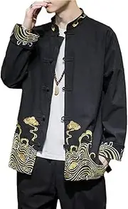 [QPZK] Fashion Kung Fu Jacket Tang Suit Men Hanfu Chinese Traditional Clothing Embroidery Chi Uniform Long Sleeved