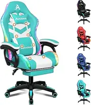 [ALFORDSON] Gaming Office Chair with 12 RGB LED Lights & 8 Point Massage, Racing Computer Chair with Lumbar Support & Retractable Footrest, Ergonomic Desk Chair with PU Leather Seat Gamer (Cyan White)