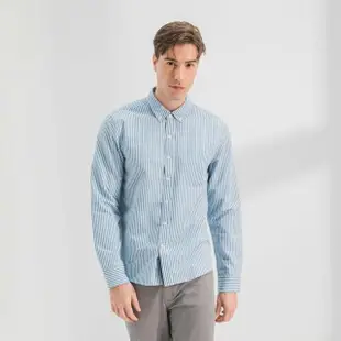 【Hang Ten】男裝-口袋長袖襯衫-藍