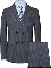 [JEShifangjiusu] Mens 3 Piece Double Breasted Suit Blazer Pinstripe Slim Fit Tuxedo Jacket Vest Pants Set for Wedding, Prom and Business, Gray, XL