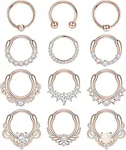 [Sanfenly] 12pcs Septum Jewelry 16g Daith Earrings Hinged Hoop Nose Rings Septum Clicker Cz Stainless Steel Cartilage Earring Helix Tragus Daith Piercing Jewelry