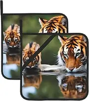 Cat and Reflection Tiger Animal Potholders BBQ Pot Holders for Heat Resistant Potholder, Hot Pads,Cooking Baking(2-Pack)