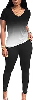 [PINSV] Lounge Sets for Women 2 Piece Summer Casual Jogger Workout Outfits Short Tops Long Pant Sweat suit leggings set XL Black Gradient, Black Gradient