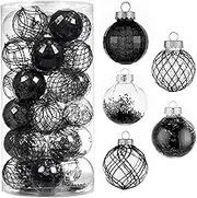 30ct Christmas Ball Ornaments-60mm/2.36" Shatterproof Clear Plastic Xmas Balls Baubles Set with Stuffed Delicate Sparkling, Hanging Christmas Tree Decorations (Black)