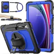 [SEYMAC stock] Case for Samsung Galaxy Tab S9/S9 FE 5G 2023 with Screen Protector | Pencil Holder [360 Rotating Hand Strap] &Stand, Drop-Proof Case 11'', Blue+Black