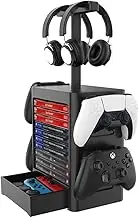 Niciksty Game Storage Tower Stand for PS5, Multifunctional CD Game Disk Tower for 10 CD and 4 Controllers and 2 Headsets for PS5, Xbox Series and Switch
