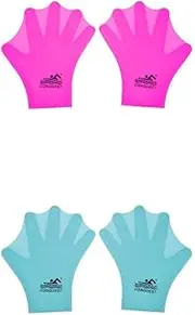 Kids Swimming Webbed Gloves 2 Pairs Silicone Full Finger Fin Hand Paddle Swim Flippers - Increase Hand Resistance by 50%, Soft & Comfortable for Diving or Swimming - Pink+Blue,