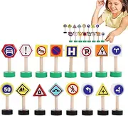 Road Traffic Signs Toys | 16X Children Traffic Signs Playset - Early Learning Game, Crosswalk Signal Blocks, Wooden Stop Safety Game for Education