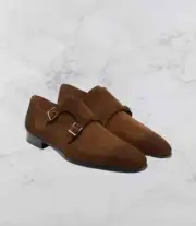 Handmade Men Brown Suede Leather Double Monk Dress Shoes, Business Shoes