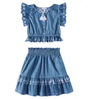 [Patachou] Patachou Embroidered denim top and skirt set Y 8 blue