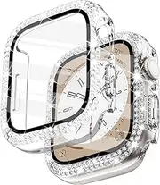 [WINGLE] Compatible for Apple Watch Screen Protector 45mm Series 8 Series 7, Women Shiny Diamond Cover with Tempered Glass Screen Protector for iWatch Case 45mm Series 8 Series 7, Clear