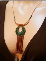 Rustic Boho Suede Fringe & Double Horn Drop Copper Patina Necklace & Earring Set